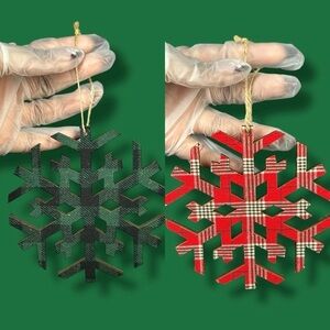 Plaid Wooden Fabric Outer Snowflake Ornaments - Set Of 2 - “Fruitcake”